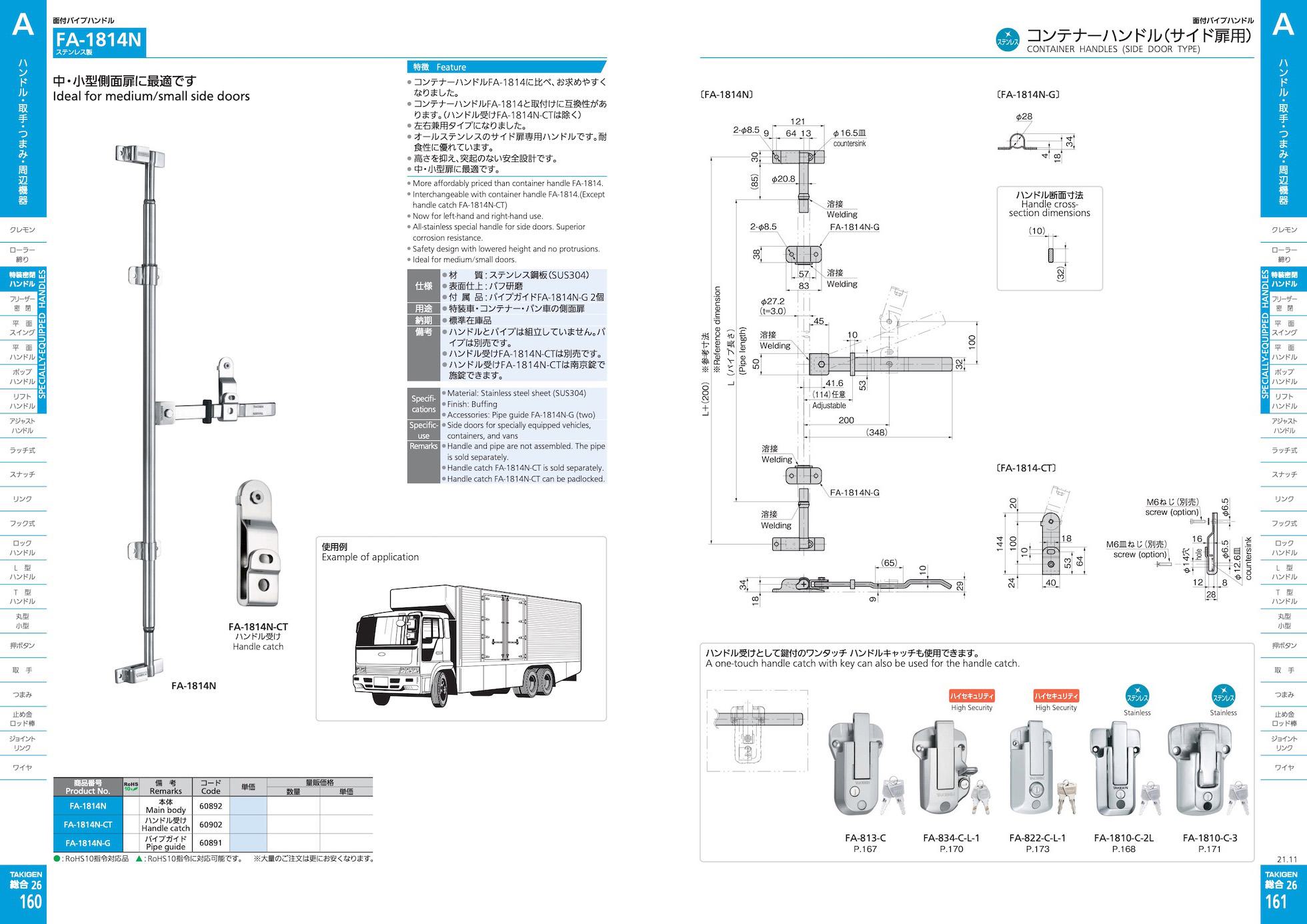 FA-1814N STAINLESS CONTAINER HANDLES (SIDE DOOR TYPE) catalogue manual