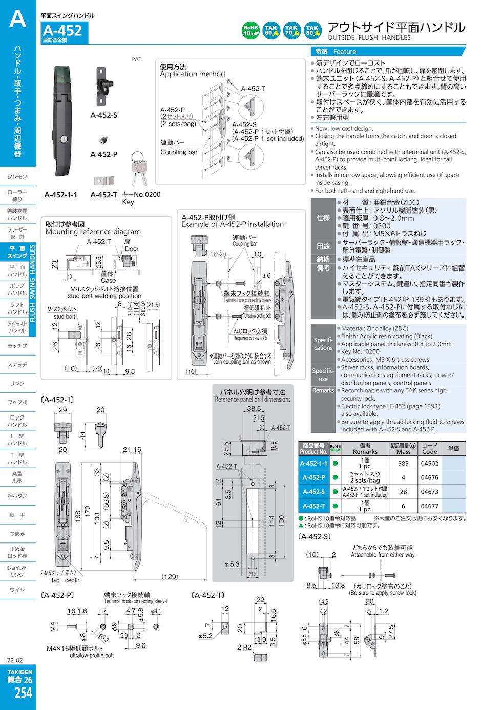 A-452 OUTSIDE FLUSH HANDLES catalogue manual