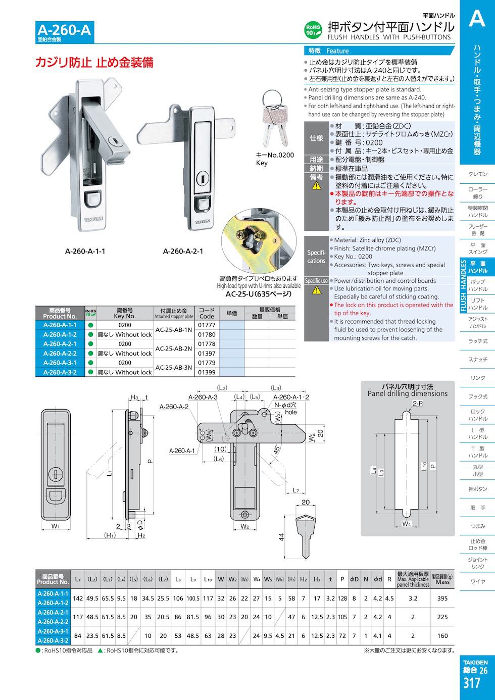 A-260-A FLUSH HANDLES WITH PUSH-BUTTONS catalogue manual