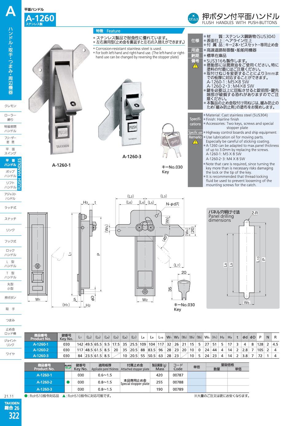 A-1260 FLUSH HANDLES WITH PUSH-BUTTONS catalogue manual