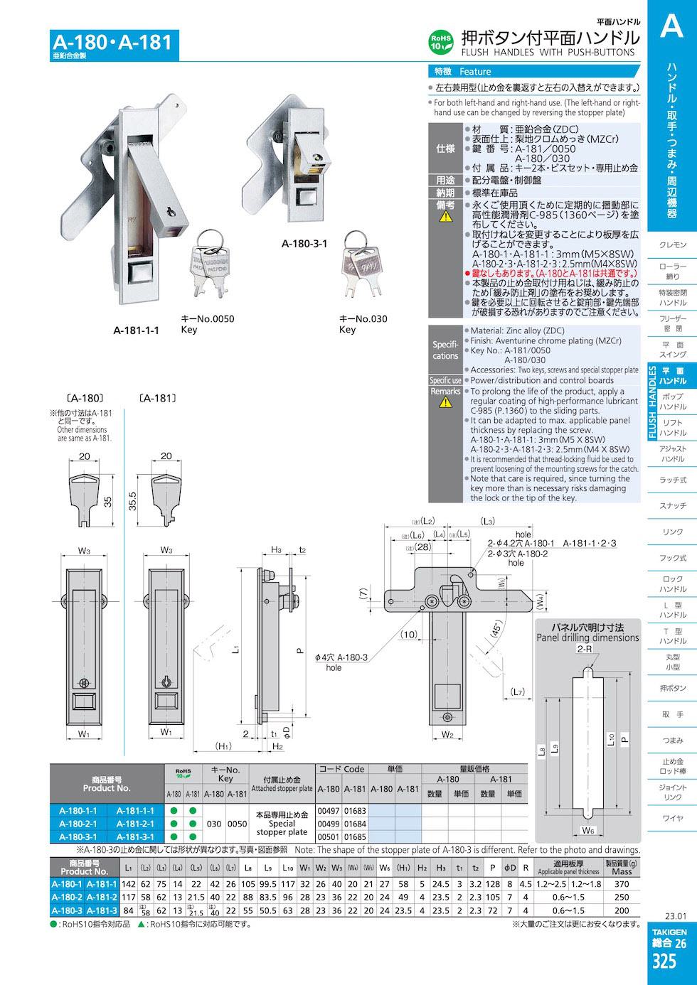 A-180 FLUSH HANDLES WITH PUSH-BUTTONS catalogue manual