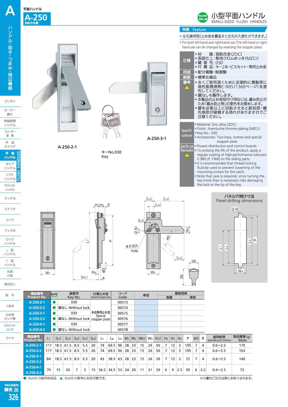 A-250 SMALL-SIZED FLUSH HANDLES catalogue manual