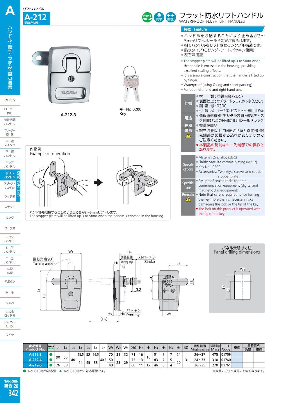 A-212 WATERPROOF FLUSH LIFT HANDLES catalogue manual