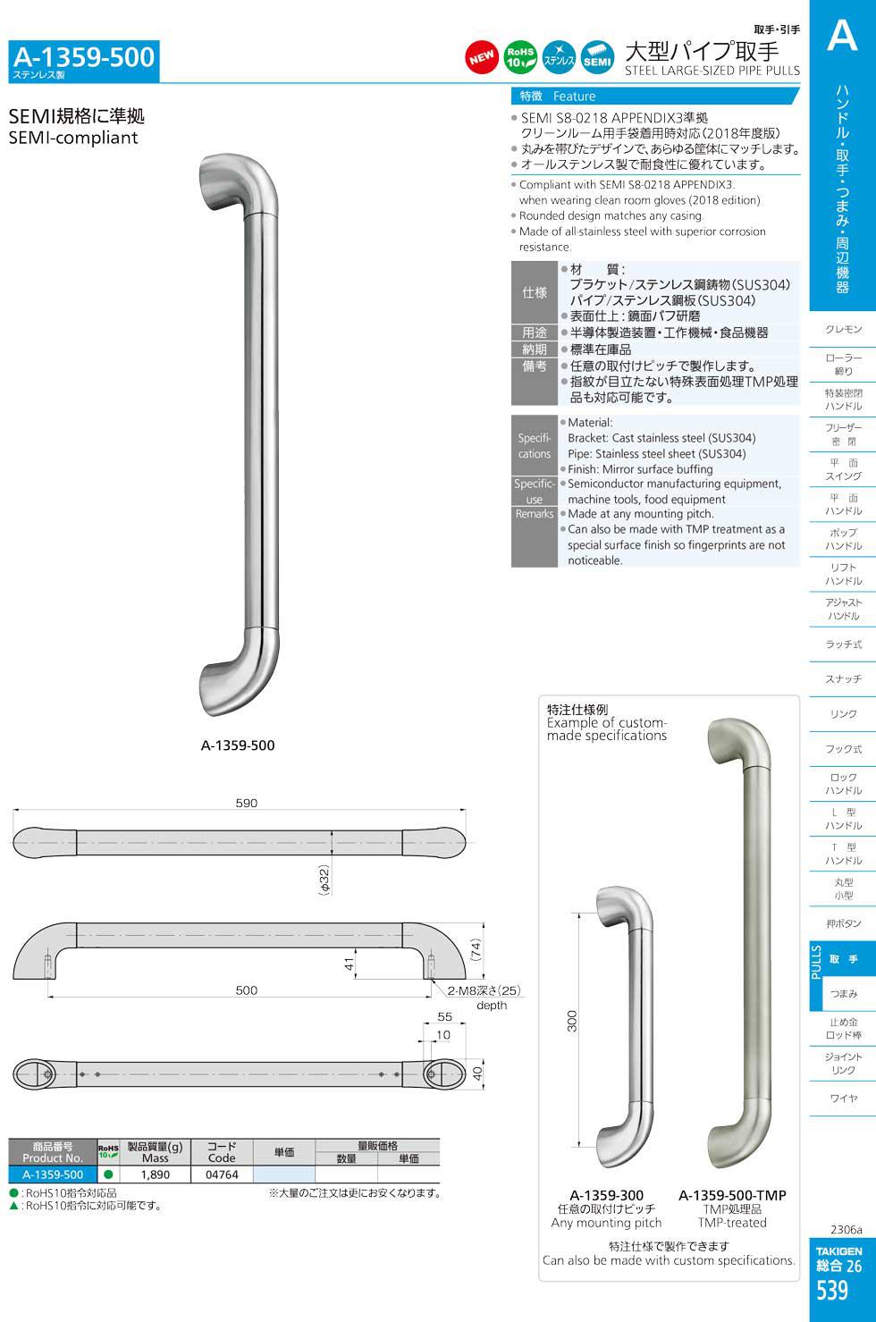 A-1359-500 STAINLESS STEEL LARGE-SIZED PIPE HANDLES catalogue manual