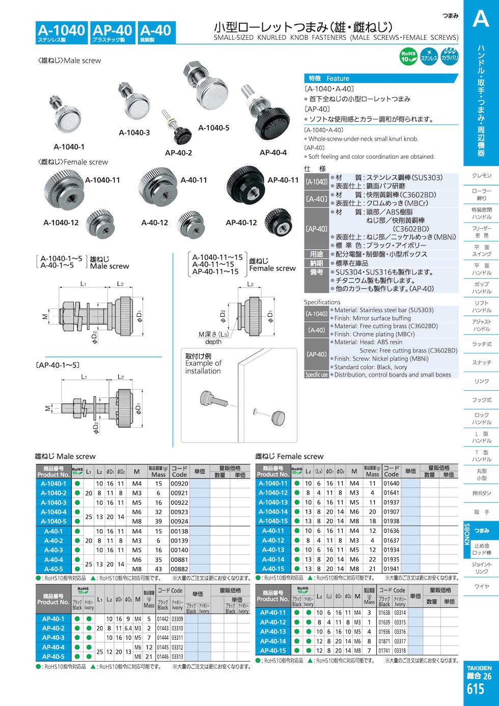 A-1040 SMALL-SIZED KNURLED KNOB FASTENERS (MALE SCREWS・FEMALE SCREWS) catalogue manual