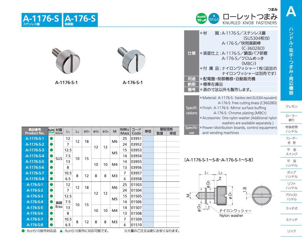 A-1176-S KNURLED KNOB FASTENERS catalogue manual