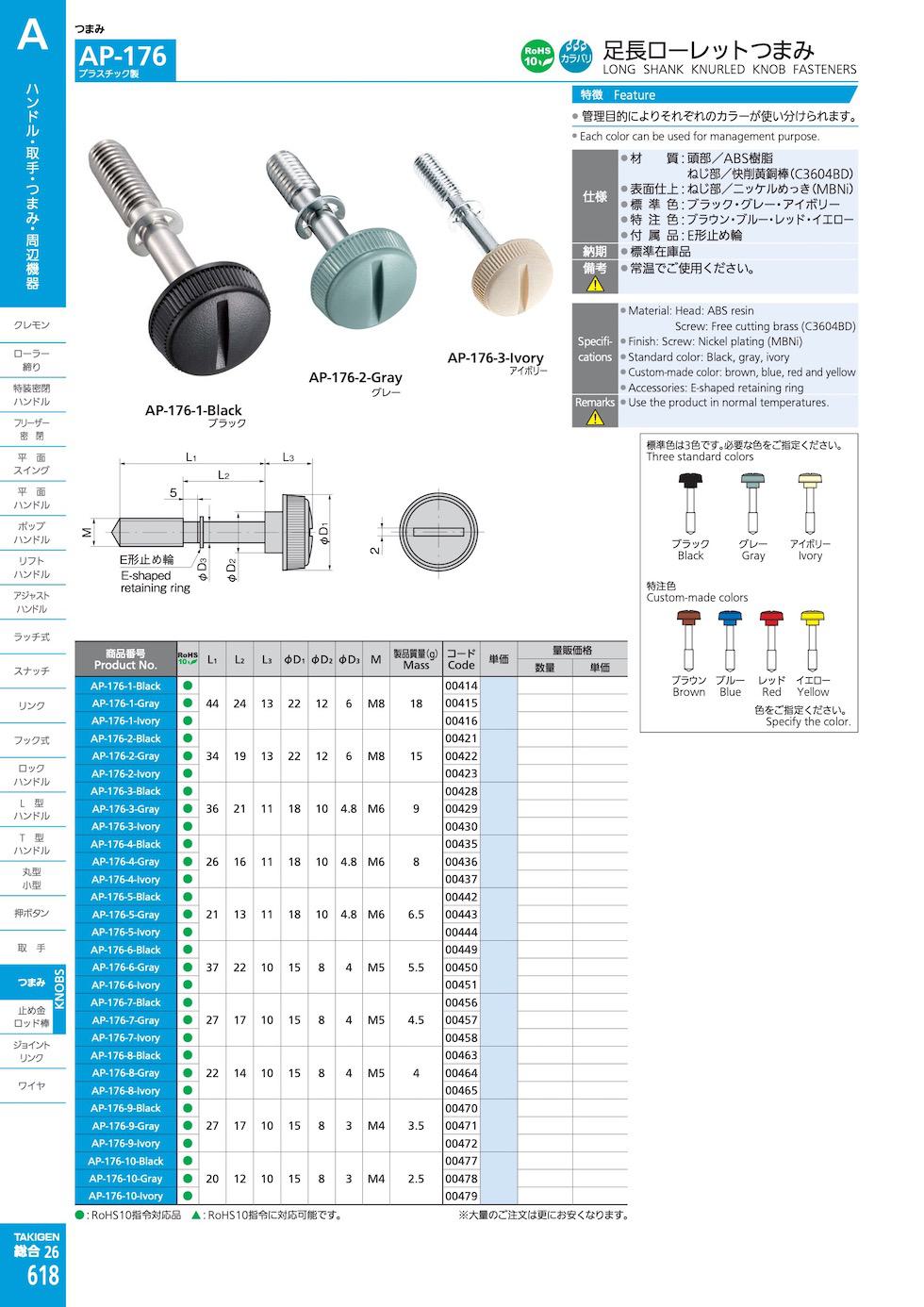 AP-176 LONG SHANK KNURLED KNOB FASTENERS catalogue manual