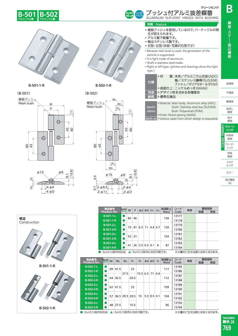 B-501 ALUMINUM SLIP-JOINT HINGES WITH BUSHING catalogue manual