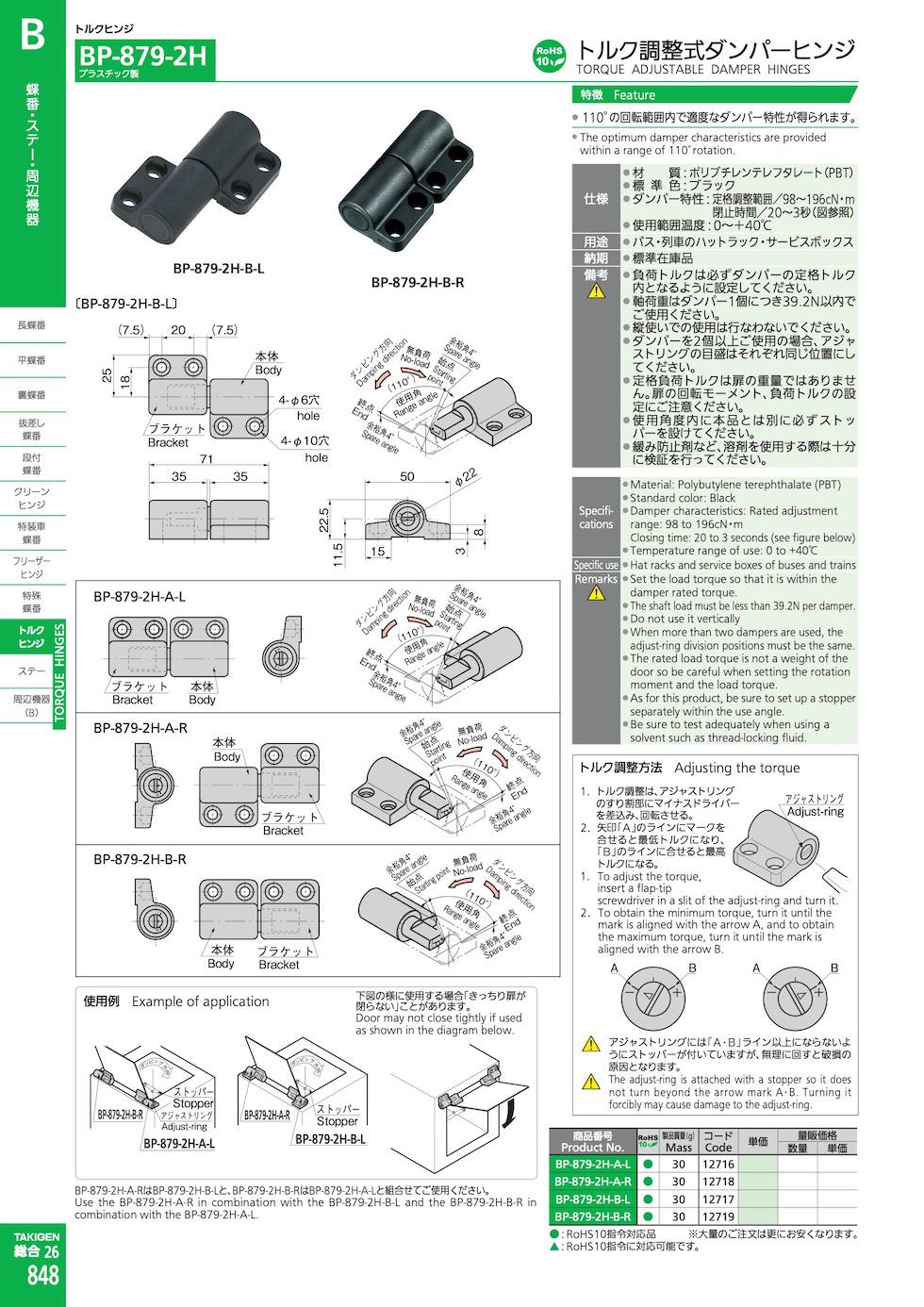 BP-879-2H TORQUE ADJUSTABLE DAMPER HINGES catalogue manual