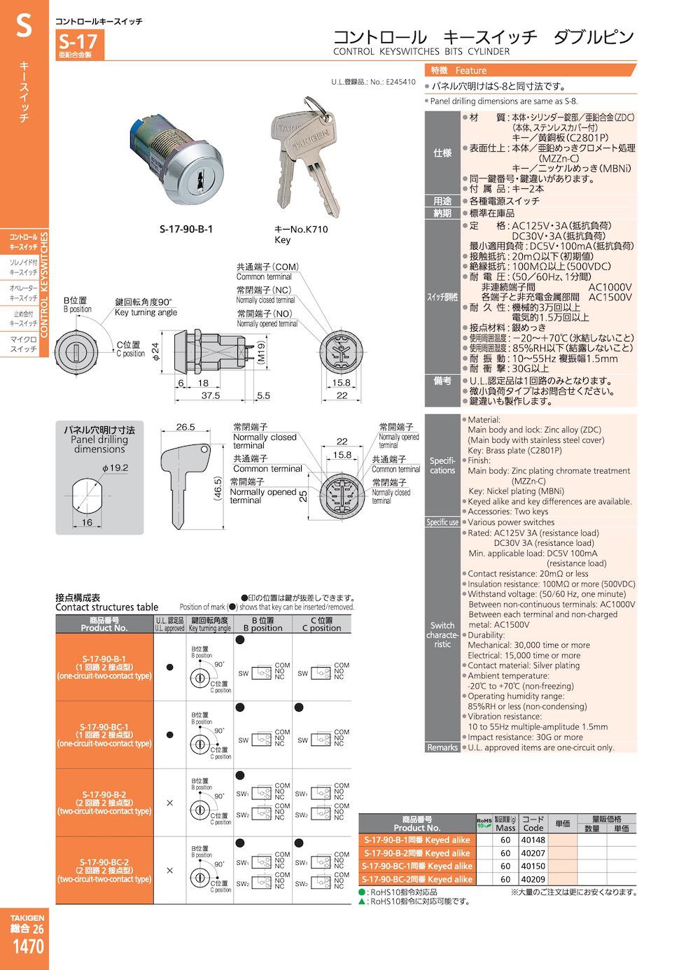 S-17 CONTROL KEYSWITCHES BITS CYLINDER catalogue manual