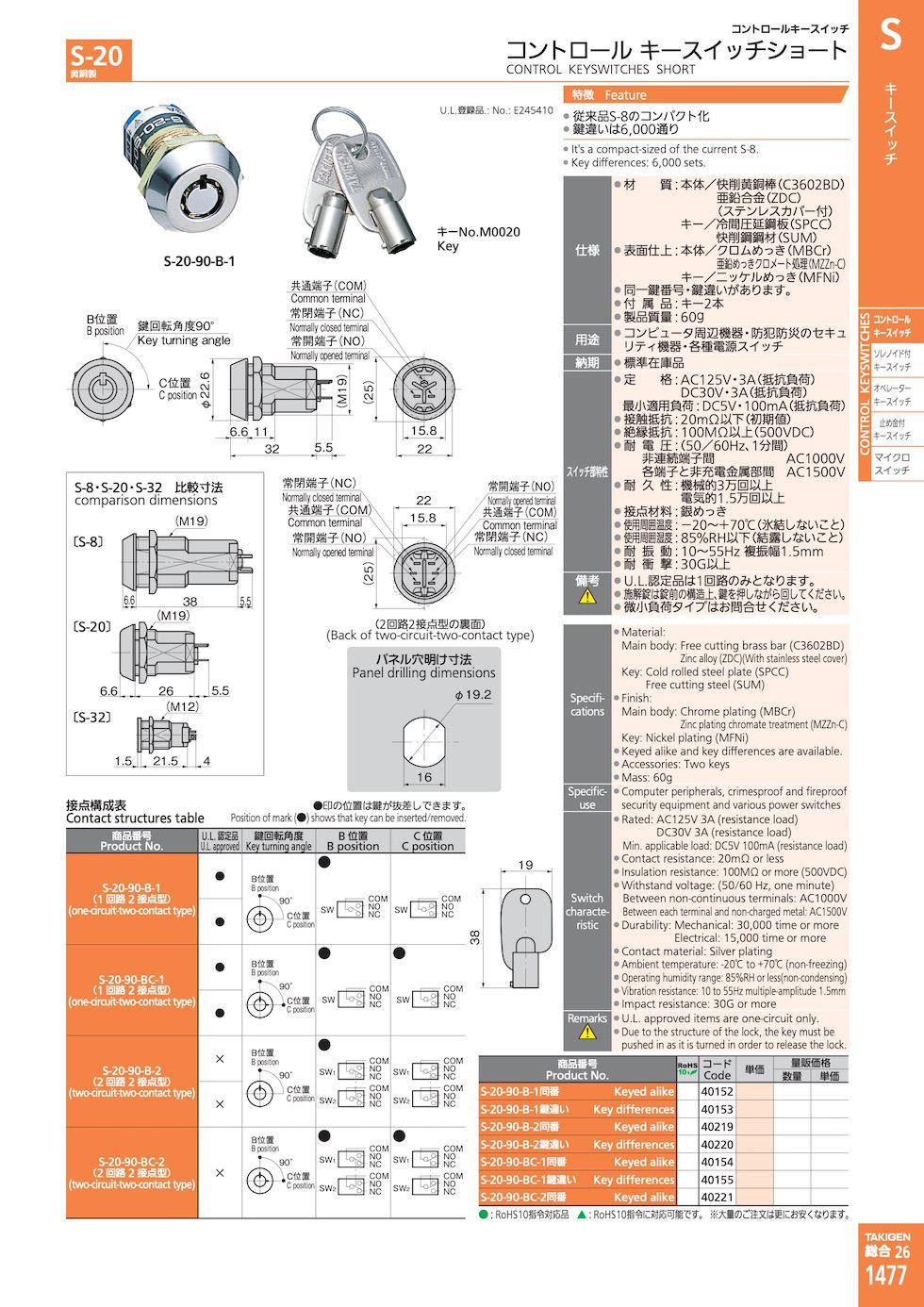 S-20 CONTROL KEYSWITCHES SHORT catalogue manual