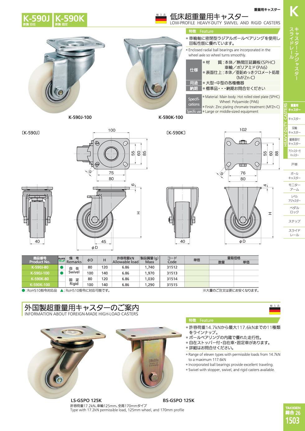 K-590J LOW-PROFILE HEAVY-DUTY SWIVEL AND RIGID CASTERS catalogue manual