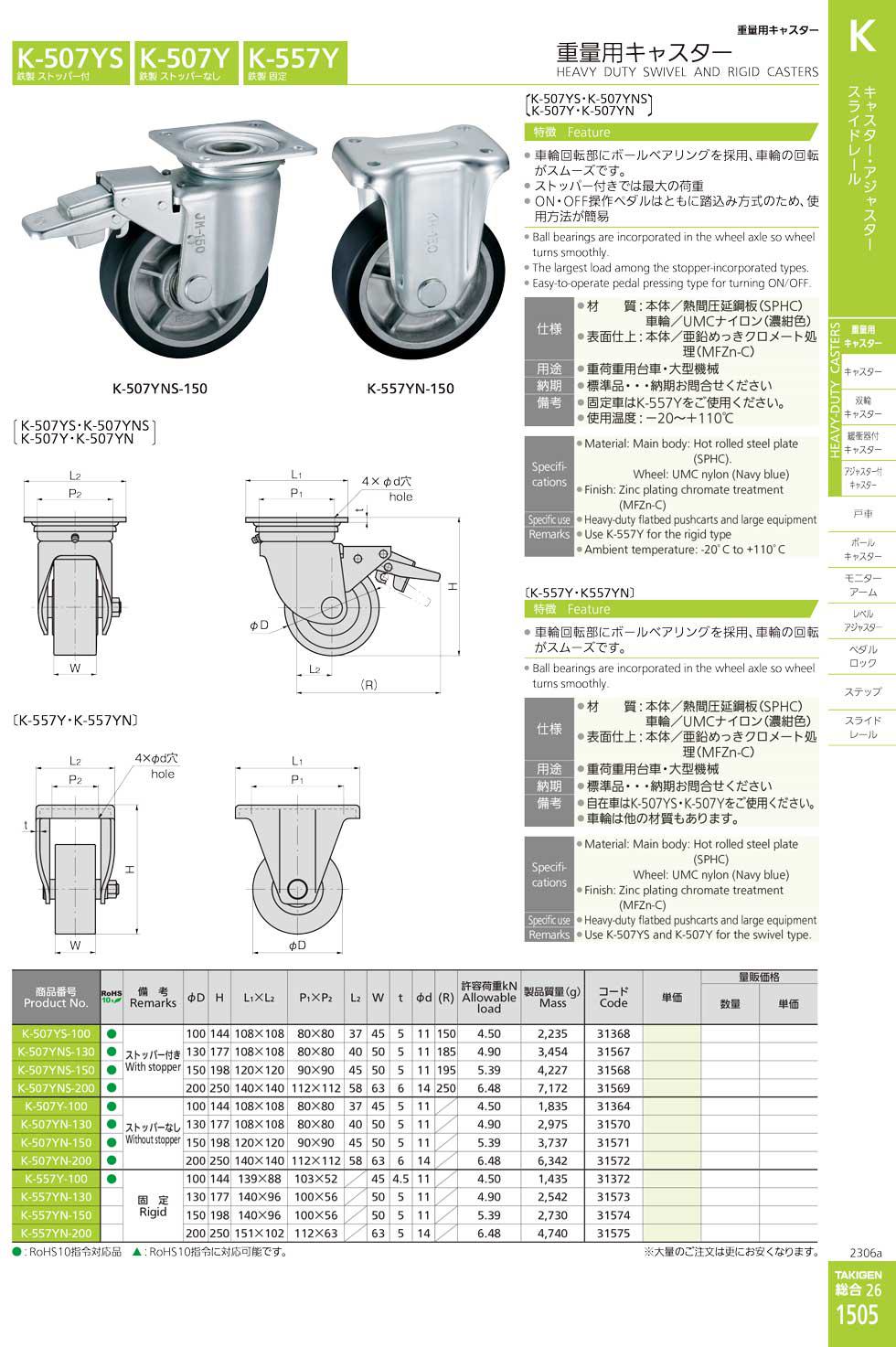 K-507YS HEAVY DUTY SWIVEL AND RIGID CASTERS catalogue manual