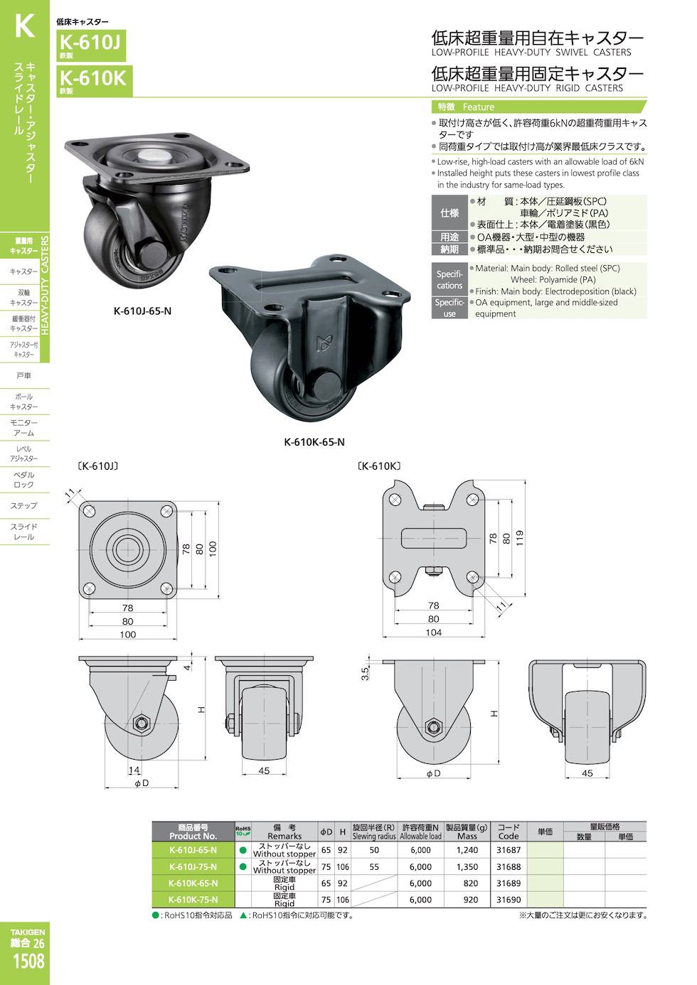 K-610J LOW-PROFILE HEAVY-DUTY SWIVEL CASTERS catalogue manual