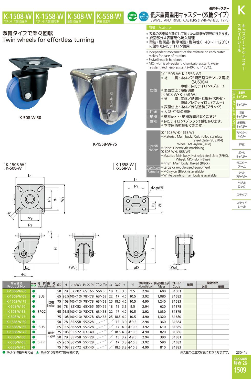 K-1558-W SWIVEL AND RIGID CASTERS (TWIN-WHEEL TYPE) catalogue manual