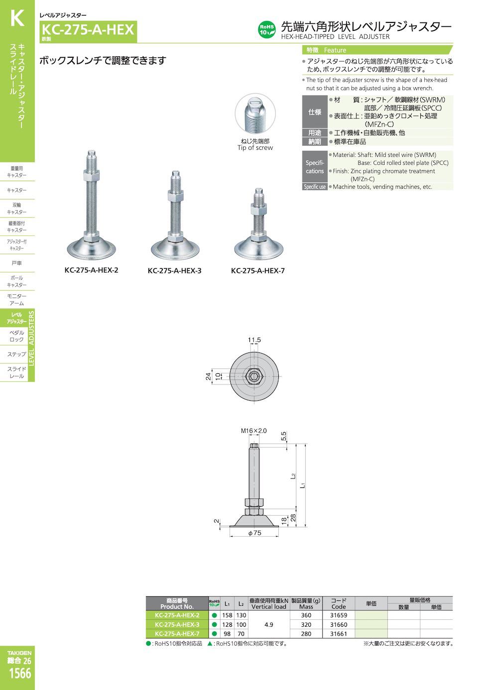 KC-275-A-HEX HEX-HEAD-TIPPED LEVEL ADJUSTER catalogue manual