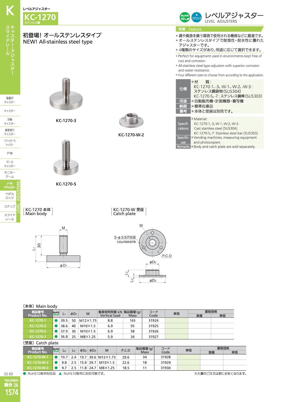 KC-1270 STAINLESS STEEL LEVEL ADJUSTERS catalogue manual